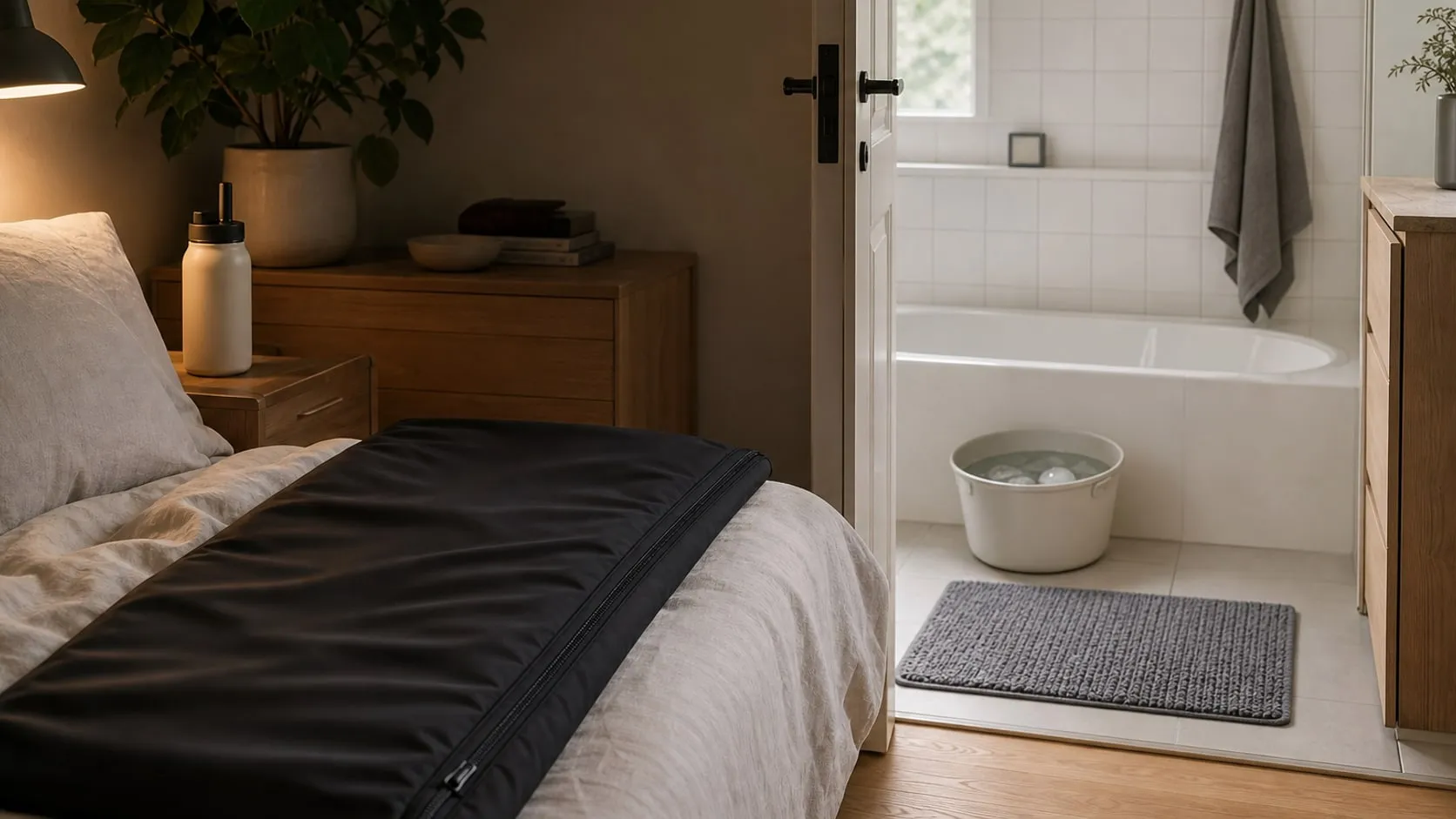 A small apartment set up for a short contrast routine: a black sauna blanket on the bed and, through the bathroom door, a foot bucket with ice in the tub, a gray rug, a towel on a hook and a small clock