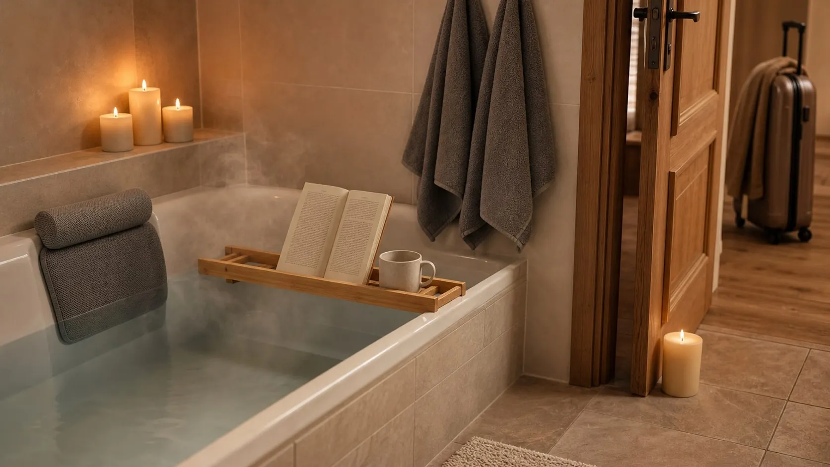 A bathroom at dusk with a drawn bath, a bamboo tray with a book across the tub, a gray bath pillow, LED candles on a shelf and gray towels on hooks, a suitcase in the hallway beyond
