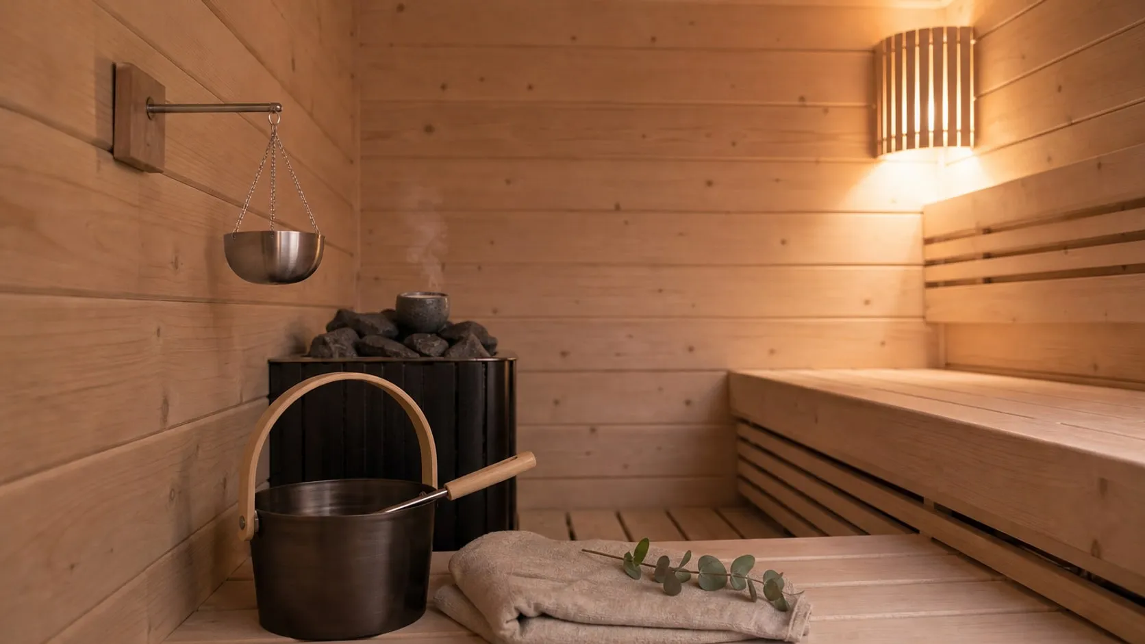 A small wood-lined home sauna with a stone heater, an aroma cup among the stones, a hanging steel bowl and a bronze bucket and ladle on the bench