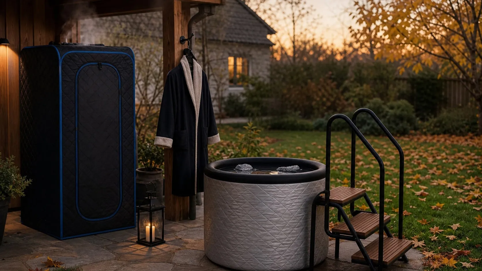 A backyard at dusk in fall with a steam tent on a covered porch, a silver cold plunge tub, steps with handrails and a robe on a hook