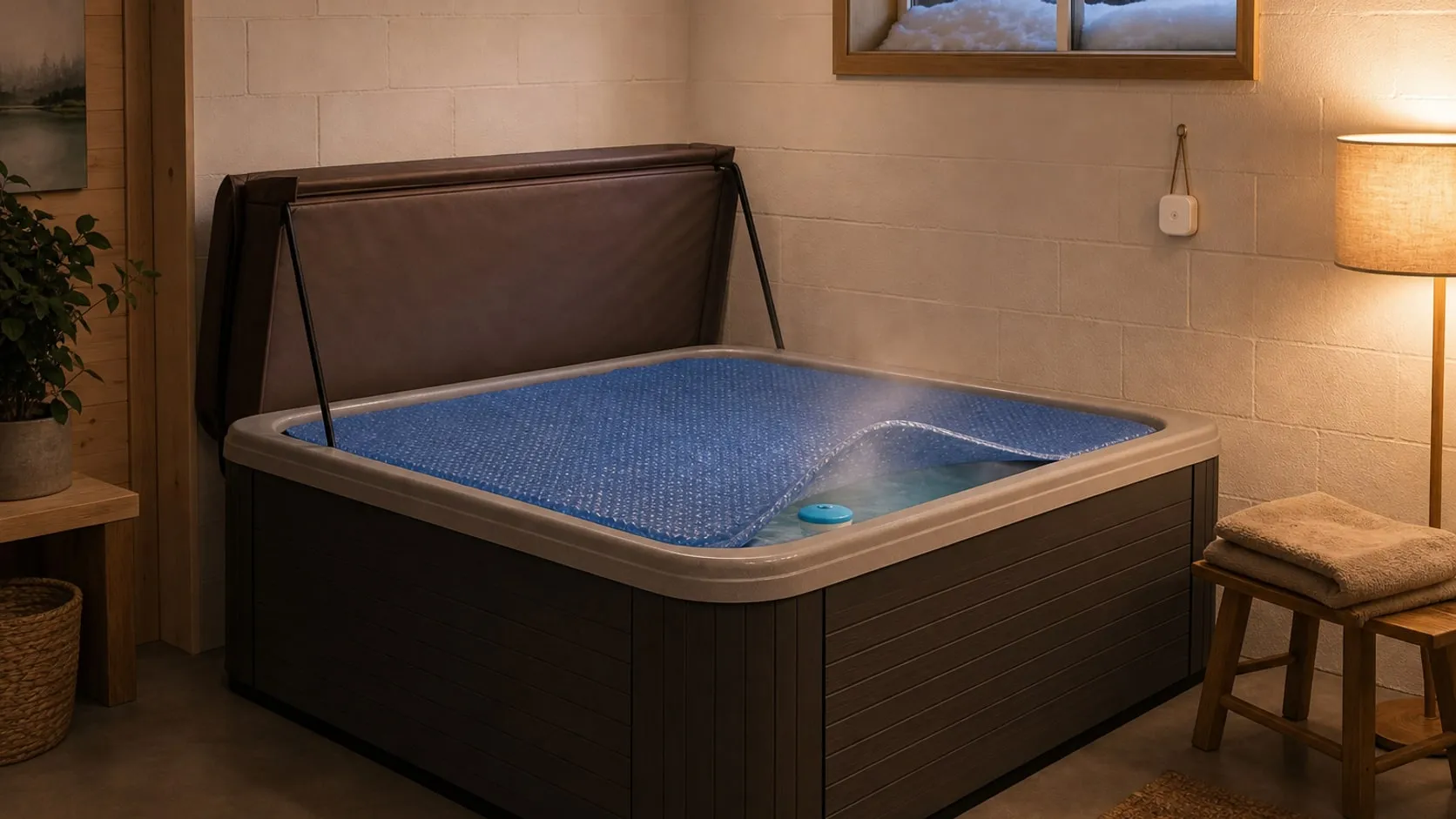 A hot tub in a finished basement in winter, its cover parked upright beside it, a blue bubble blanket on the water and a small sensor on the wall