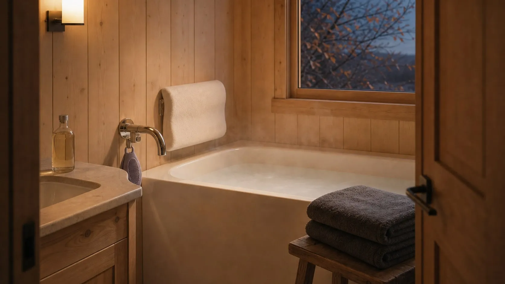 A fall-evening bathroom with a tub of milky oatmeal bath, a white mesh pillow, a lavender silicone brush on the tap, gray towels on a stool and a bottle of body oil