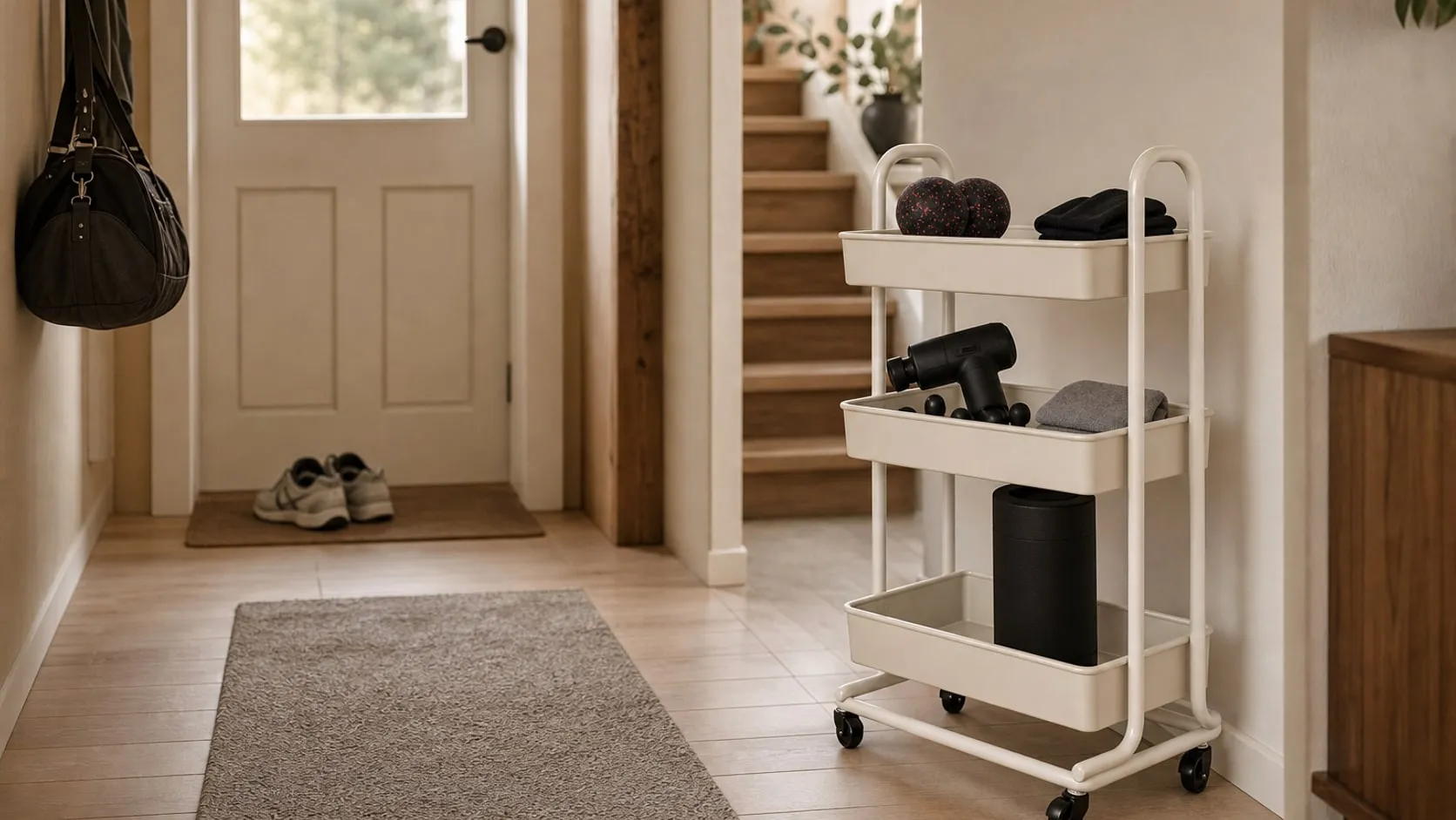 An entry hallway with a narrow white three-tier rolling cart holding a massage ball and calf sleeves on top, a massage gun on the middle tier and a black foam roller at the bottom
