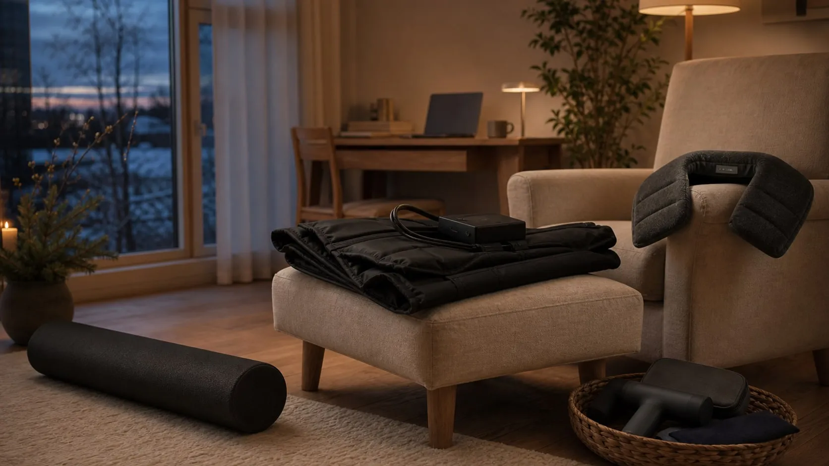 A living-room corner at dusk set up for recovery: a long black foam roller on a pale rug, an armchair with a gray neck wrap over the arm, a basket with a massage gun and compression boots folded on an ottoman