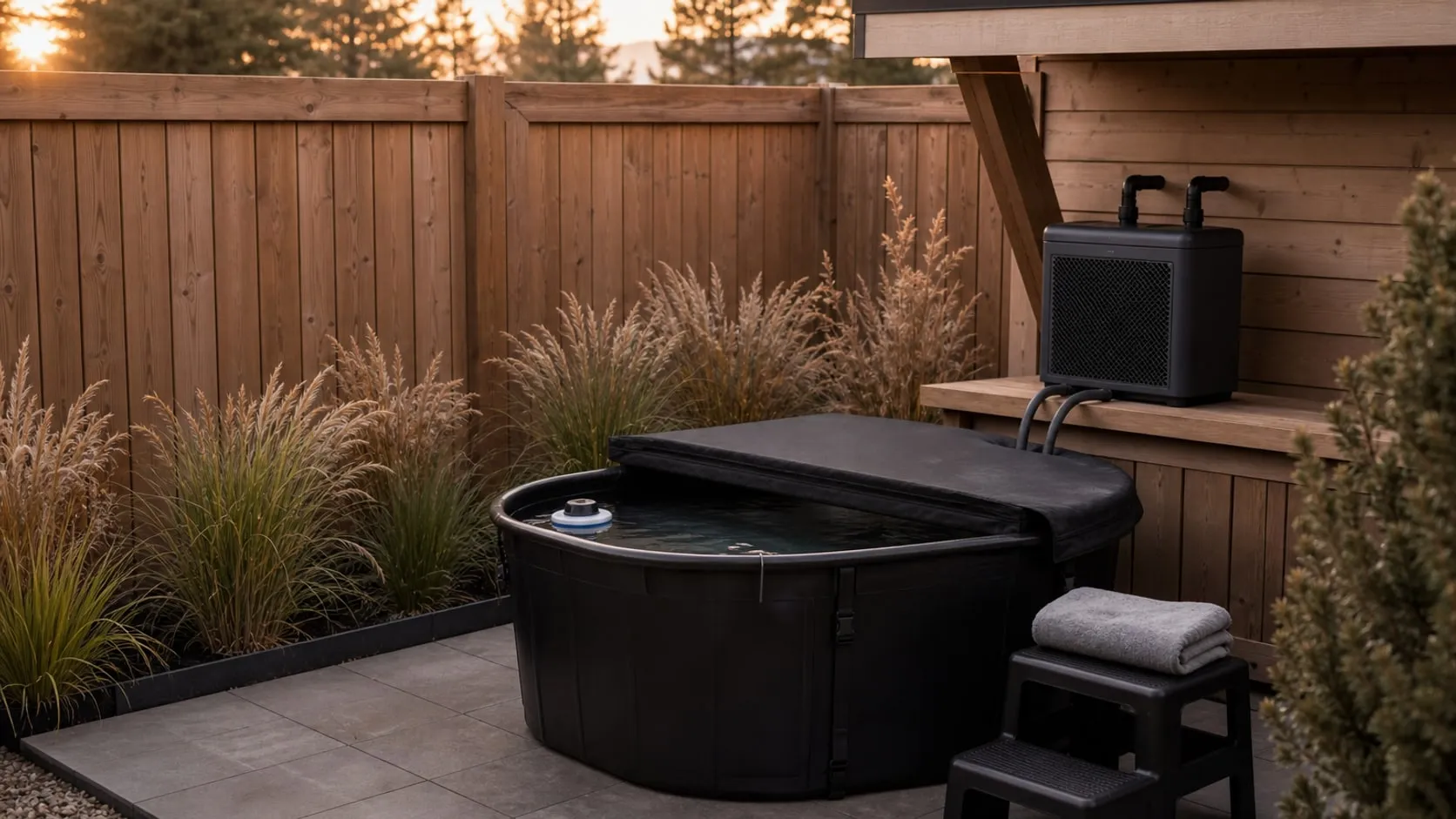 A black oval stock tank cold plunge with a half-folded black lid in a small fenced yard, a gray chiller on a shelf under the shed eave, a floating thermometer and a black step stool with a towel