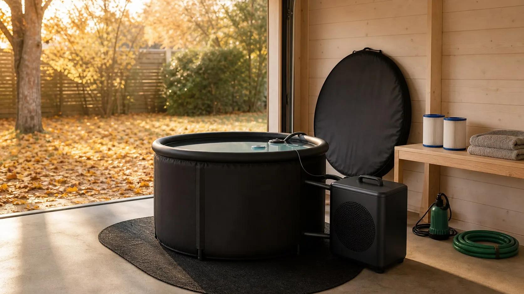 A black upright cold plunge tub on an oval rubber mat in a garage corner with a black cube chiller beside it, a floating thermometer on the water, filter cartridges on a shelf and a green pump by the open door onto autumn leaves