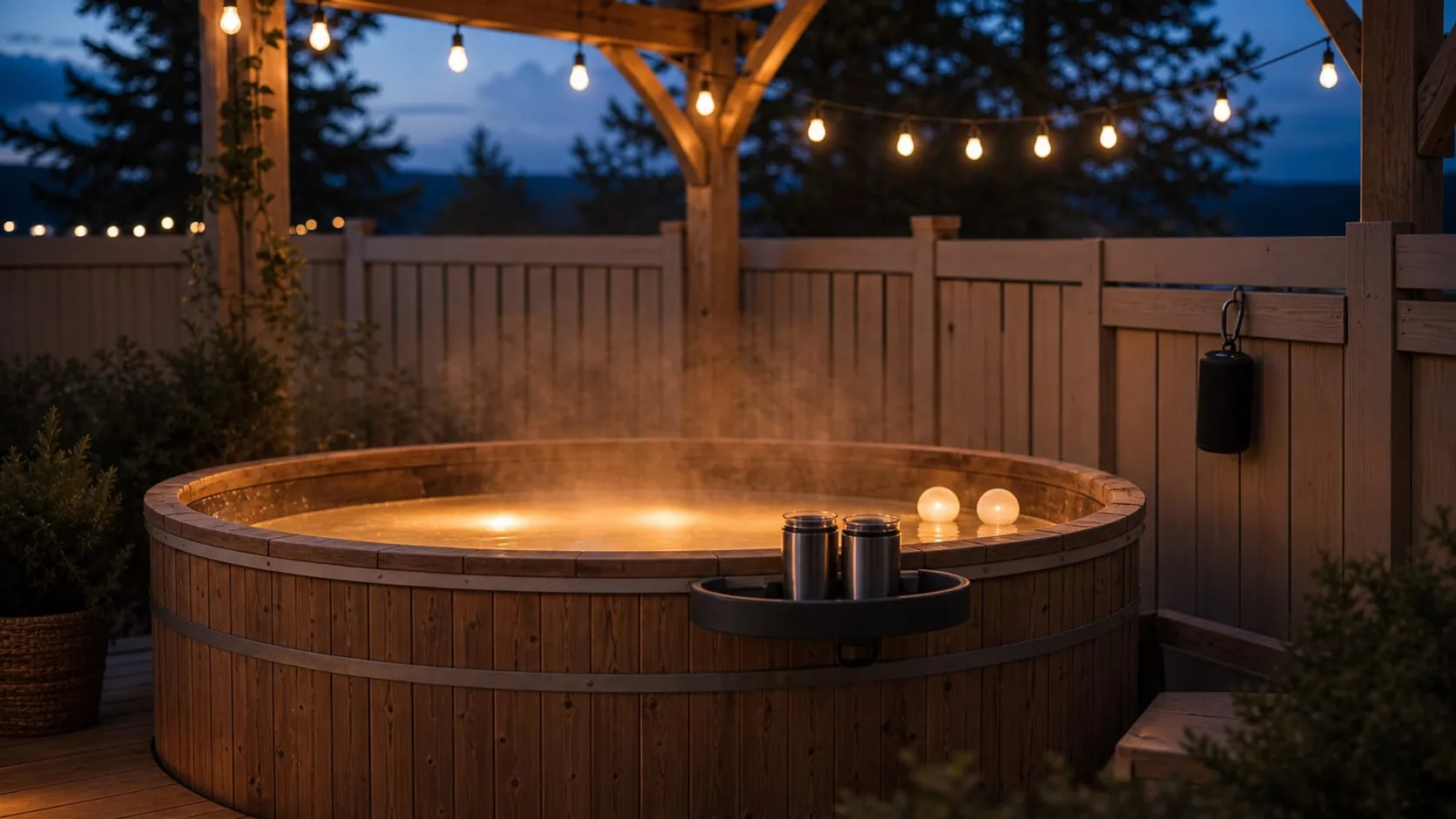 A hot tub at blue hour with warm string lights above, water glowing amber, two floating orbs, a clamp-on drink tray and a small speaker on the rail