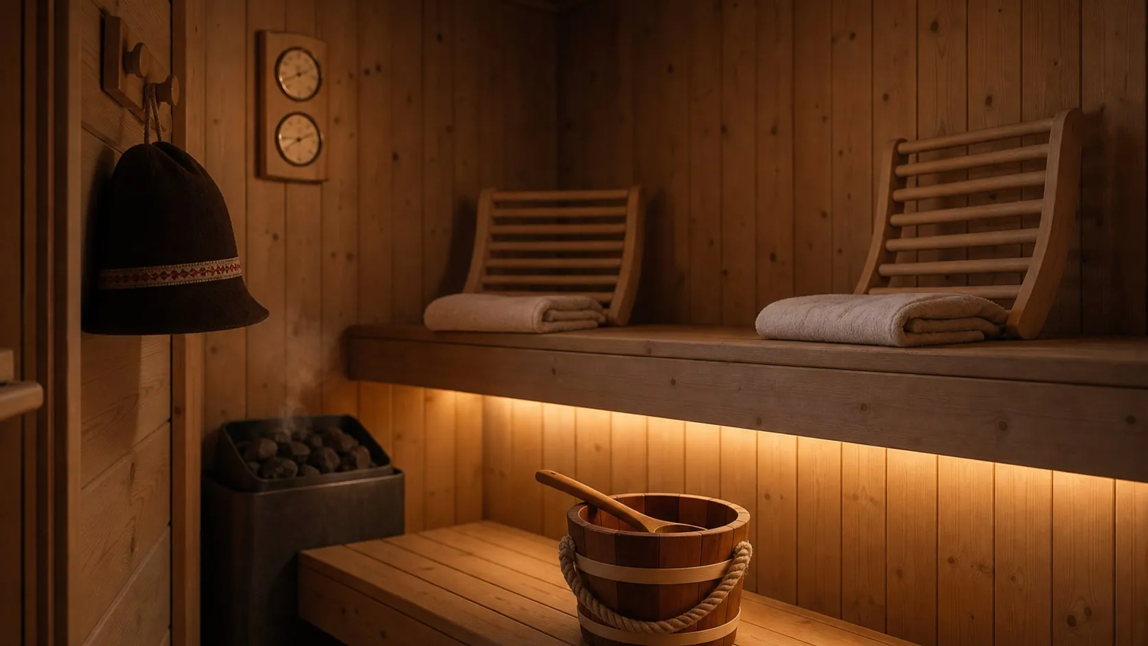 A dim wood-lined home sauna with a warm glow under the bench, a cedar bucket and ladle by the stones, two pale backrests, a wooden gauge and a felt hat on a hook