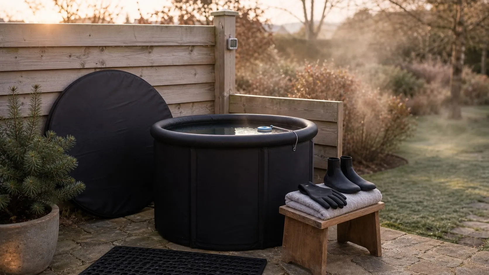 A black upright cold plunge tub on a patio in morning light with a floating thermometer, a rubber mat, neoprene socks and gloves on a stool and a timer on the fence