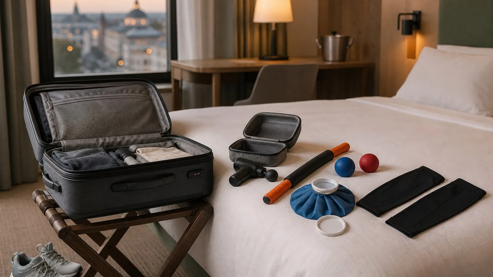 An open carry-on in a hotel room with a mini massage gun, a massage stick, two massage balls, an ice bag and calf sleeves laid out on the bed