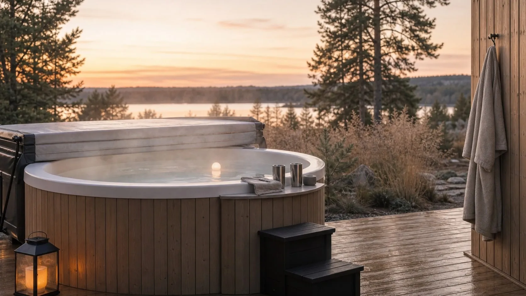 A steaming hot tub at dusk with one floating light, two lidded tumblers and towels set out for an evening soak