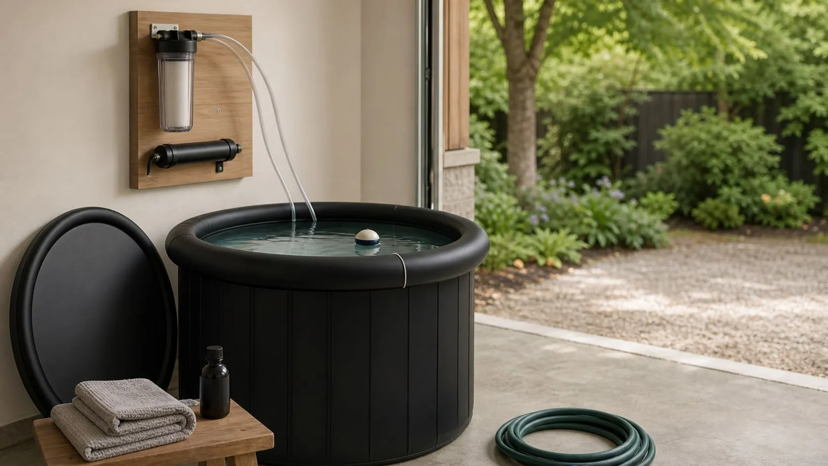 A black upright cold plunge tub in a tidy garage corner with hoses running to a clear filter housing on the wall, a floating thermometer, a lid leaning beside it and a garden hose with a blue filter