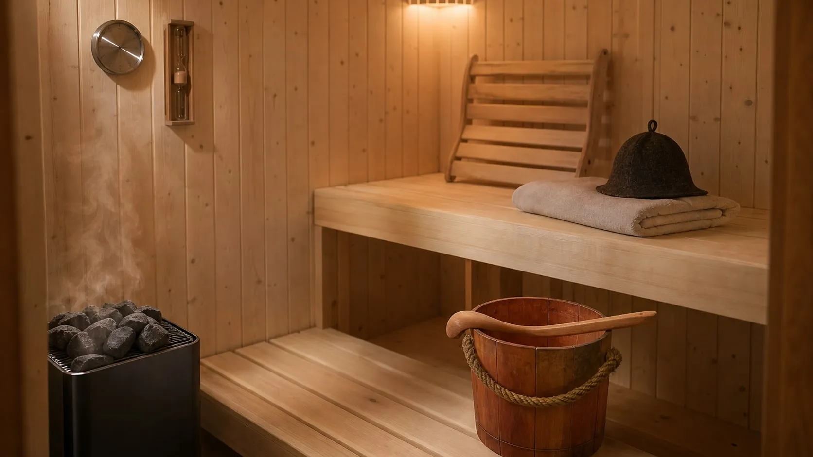 A small wood-lined home sauna with a stone heater, a cedar bucket and ladle, a felt hat and a towel set out for a session
