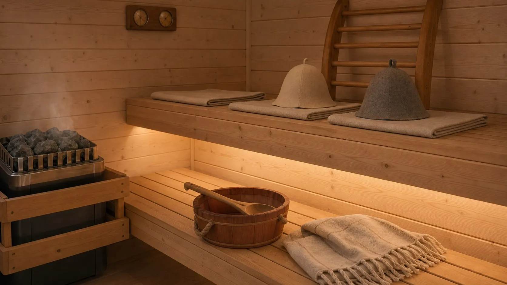 A dim wood-lined home sauna set for guests, with a warm glow under the bench, a cedar bucket and ladle, a striped towel and two felt hats
