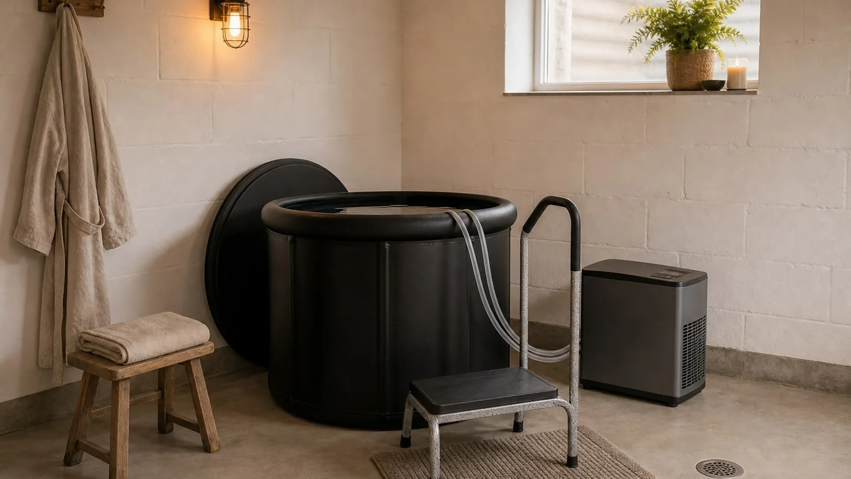 A tidy basement corner with a black upright cold plunge tub, a gray water chiller connected by two hoses, a step stool with a handrail and a robe on a hook