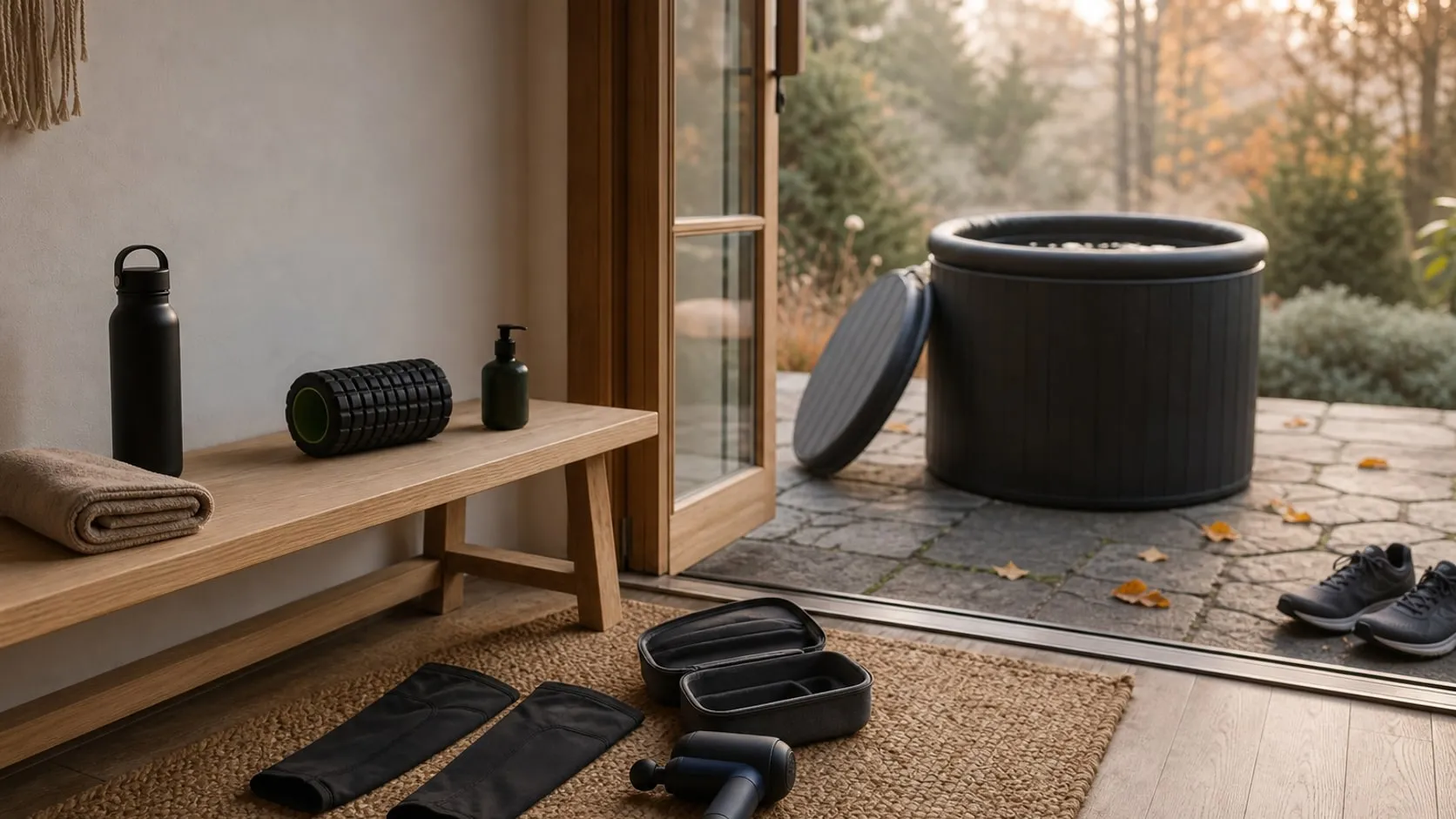 A home corner by a patio door with a water bottle, foam roller, massage gun and calf sleeves laid out, a black cold plunge tub outside