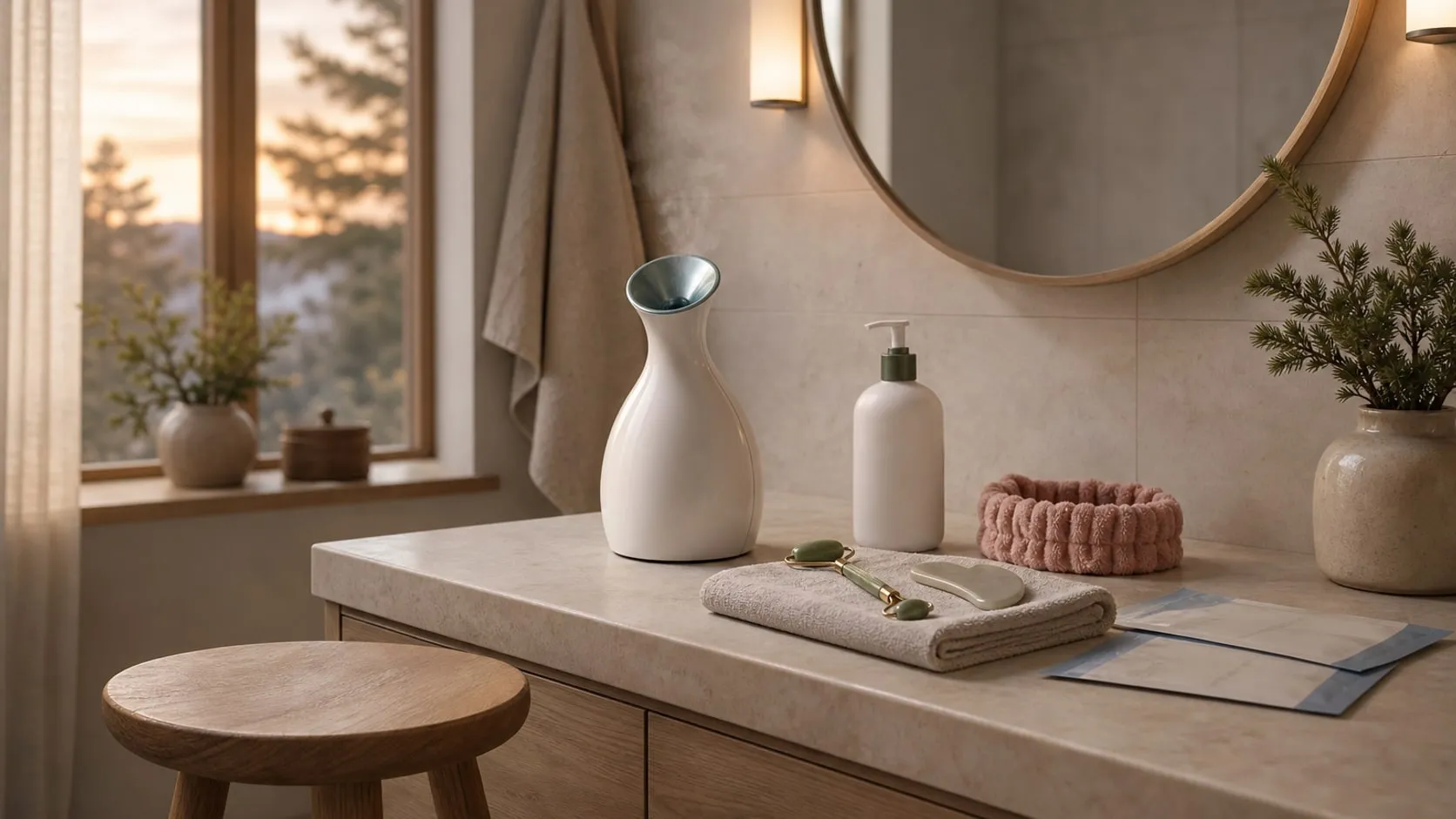 A bathroom vanity set up for a home facial with a white facial steamer, a headband, a cleanser bottle, sheet masks, a jade roller and a steel gua sha