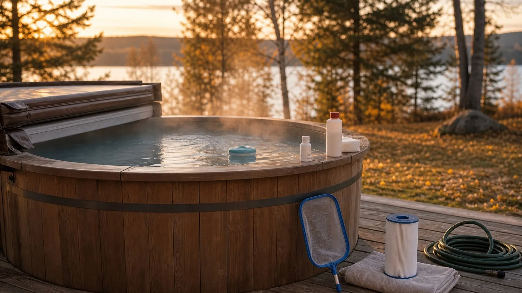 A hot tub on a fall morning with the cover folded back, a floating dispenser on clear water, a hand net, a filter cartridge drying on a towel and care bottles on the ledge